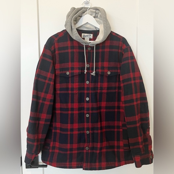 Duluth Trading Co Other - Duluth Trading Co Men Fire Hose Flannel Lined Hooded Limber Jac Red Blue Plaid M